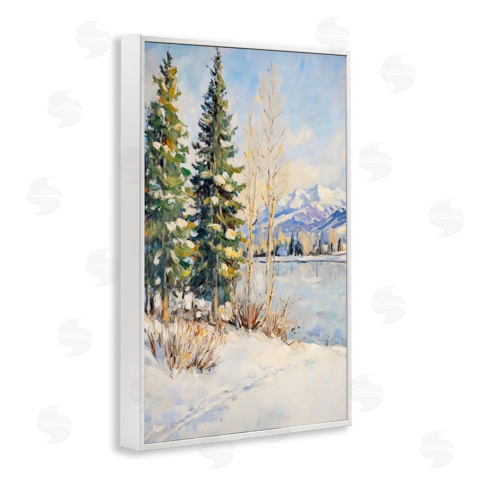 Petal Prints Design Snowy Winter Lakeside White Framed Giclee Wall Art Print