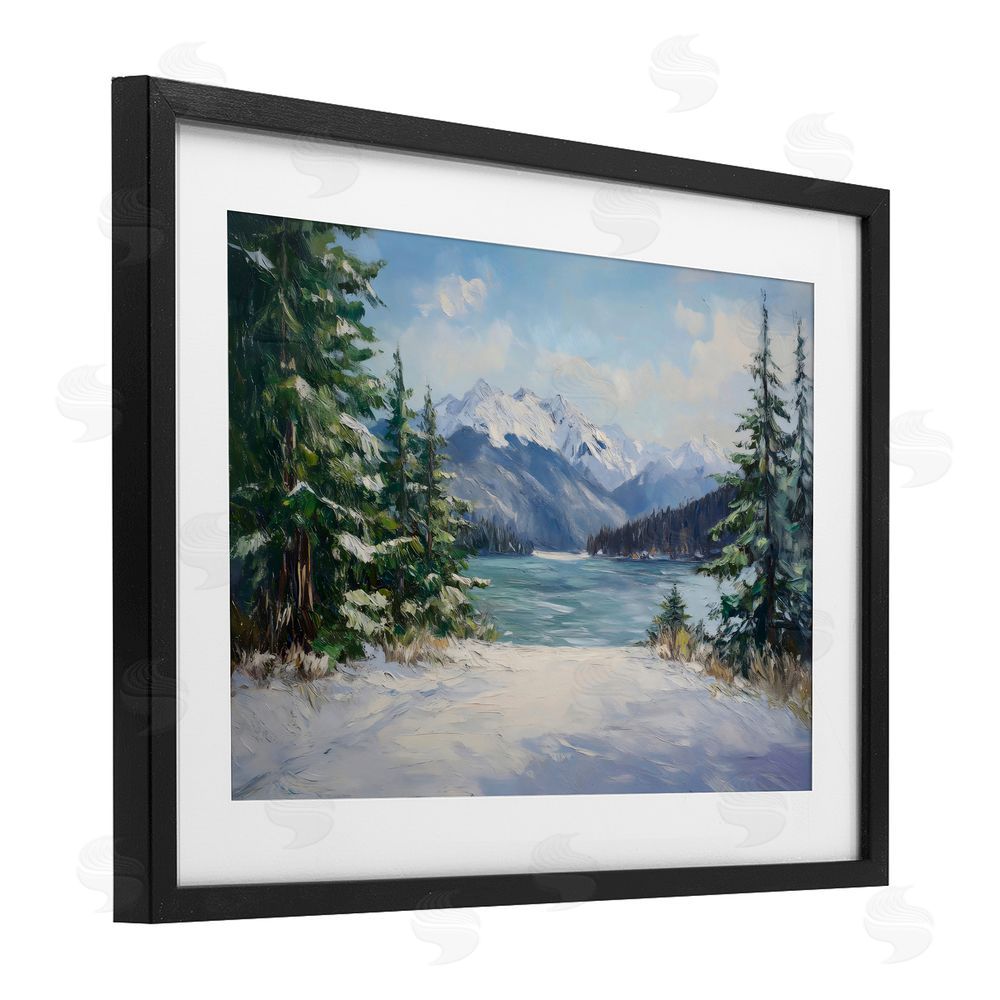 Petal Prints Design Frozen Winter Lake Black Framed Print Under Glass with White Mat Wall Art