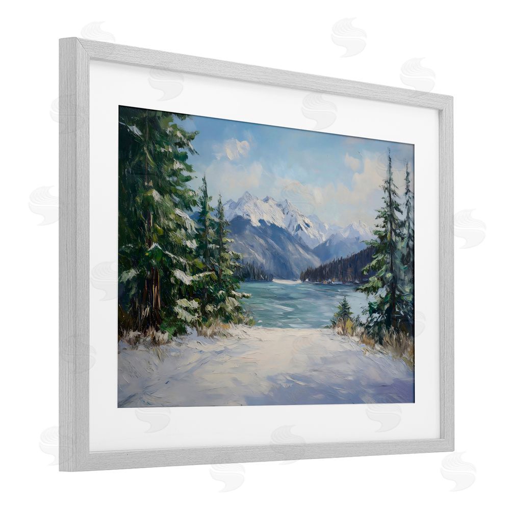 Petal Prints Design Frozen Winter Lake Gray Framed Print Under Glass with White Mat Wall Art