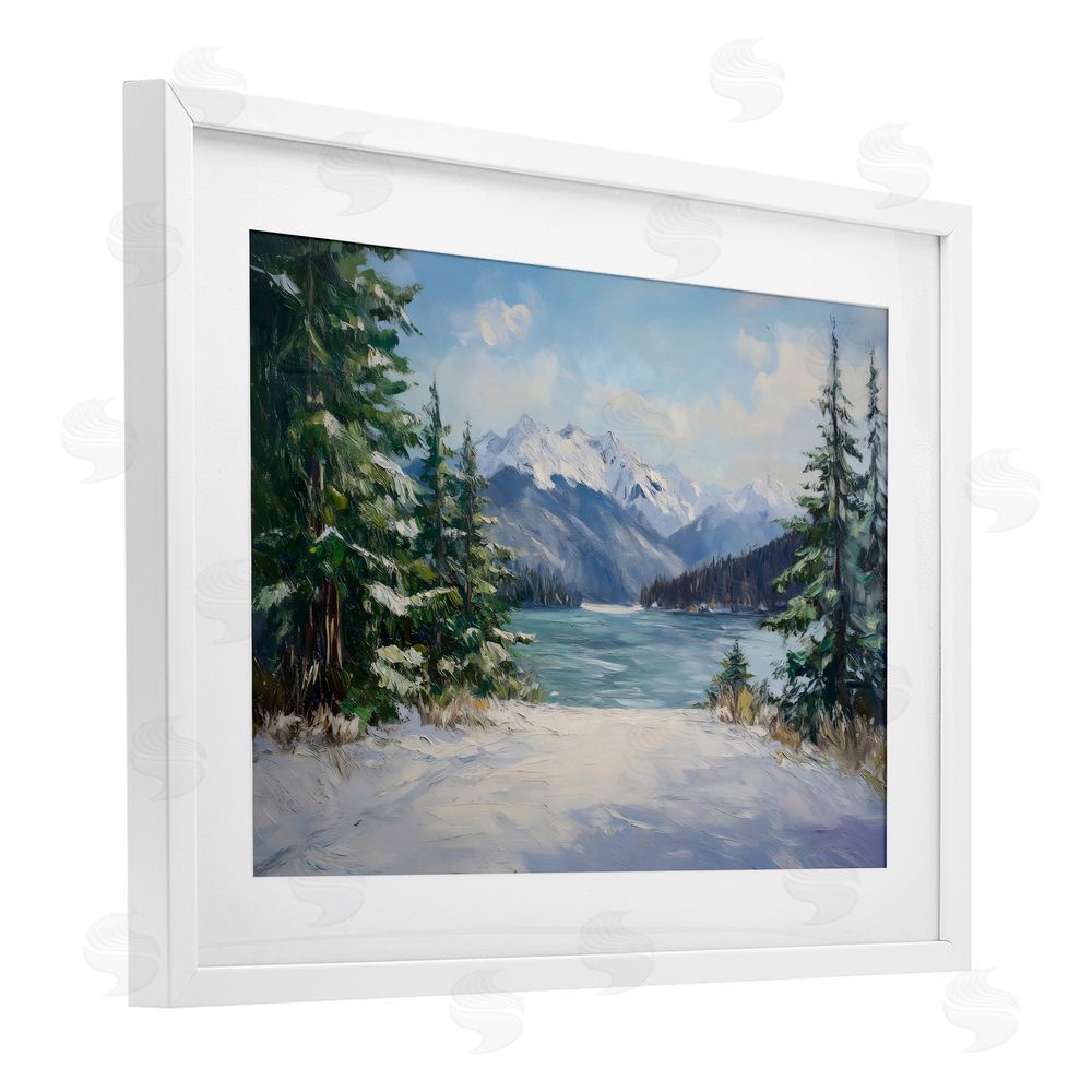 Petal Prints Design Frozen Winter Lake White Framed Print Under Glass with Mat Wall Art