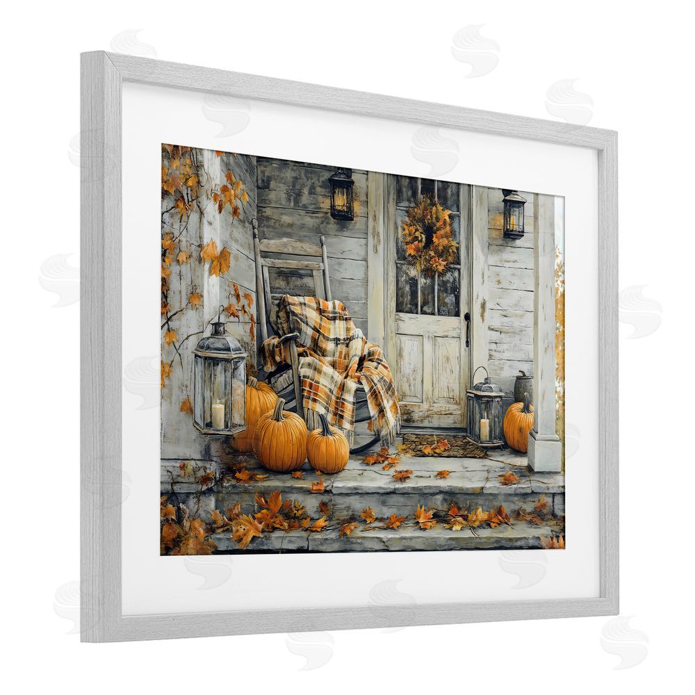 Creative Studio Rustic & Cozy Fall Porch Gray Framed Print Under Glass with White Mat Wall Art