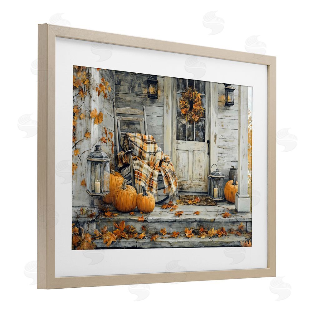 Creative Studio Rustic & Cozy Fall Porch Birch Framed Print Under Glass with White Mat Wall Art