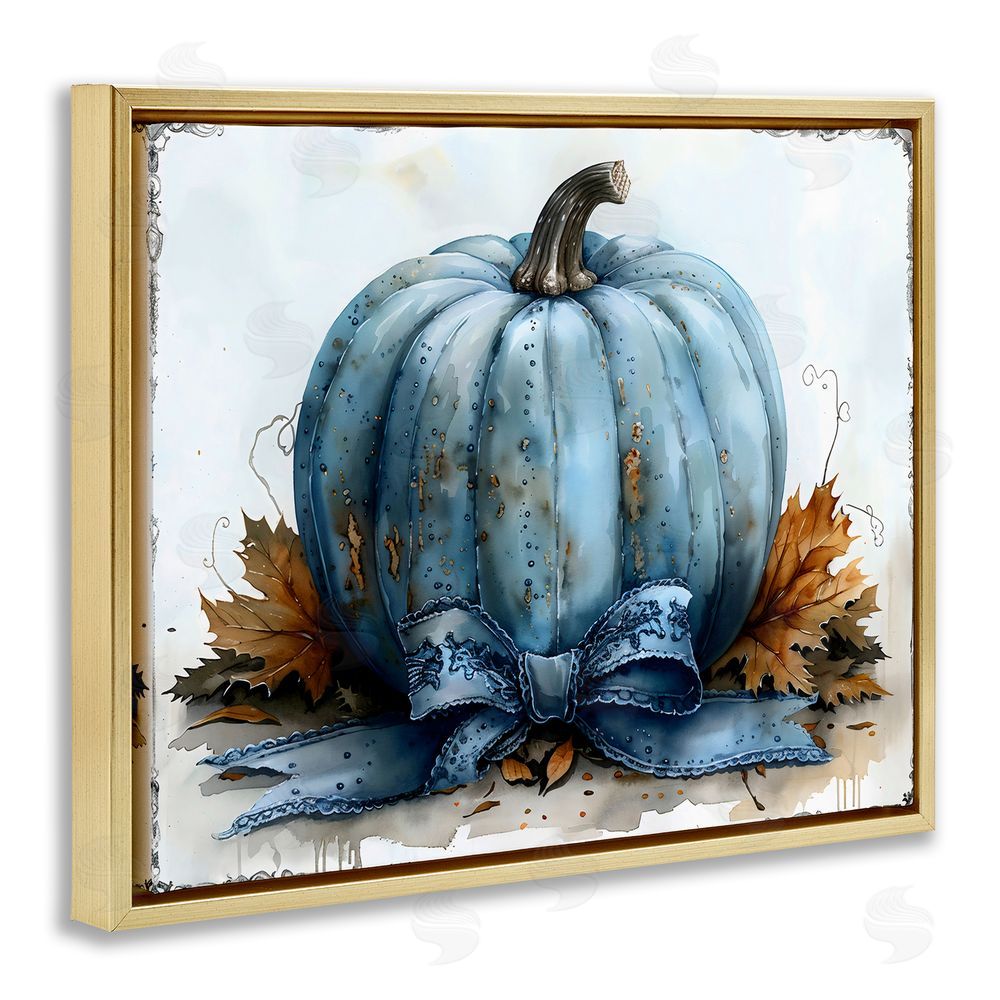 Creative Studio Blue Pumpkin With Bow Gold Floating Frame Canvas Wall Art Print