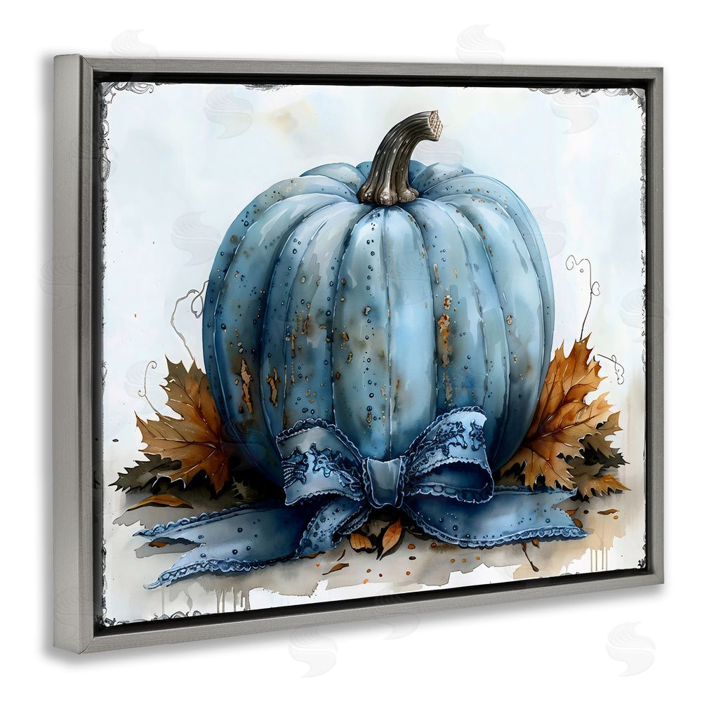 Creative Studio Blue Pumpkin With Bow Gray Floating Frame Canvas Wall Art Print