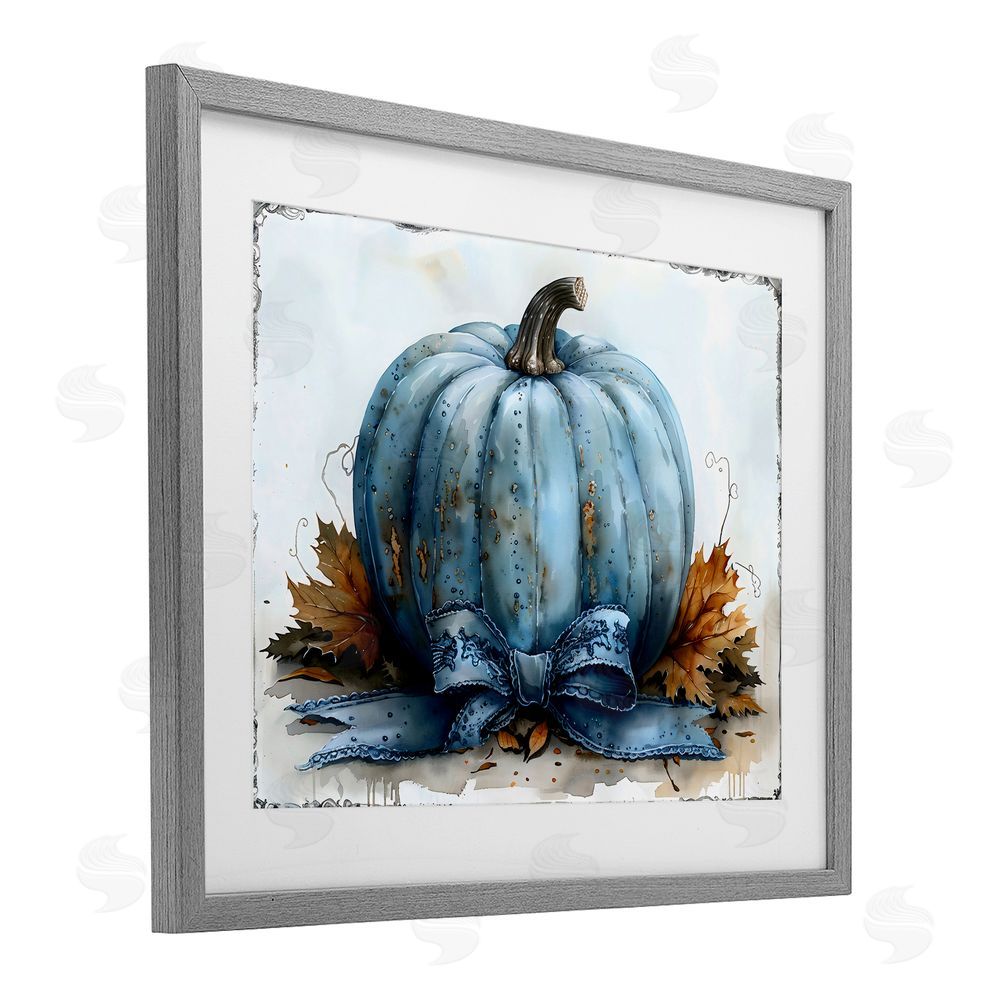 Creative Studio Blue Pumpkin With Bow Gray Framed Print Under Glass with White Mat Wall Art