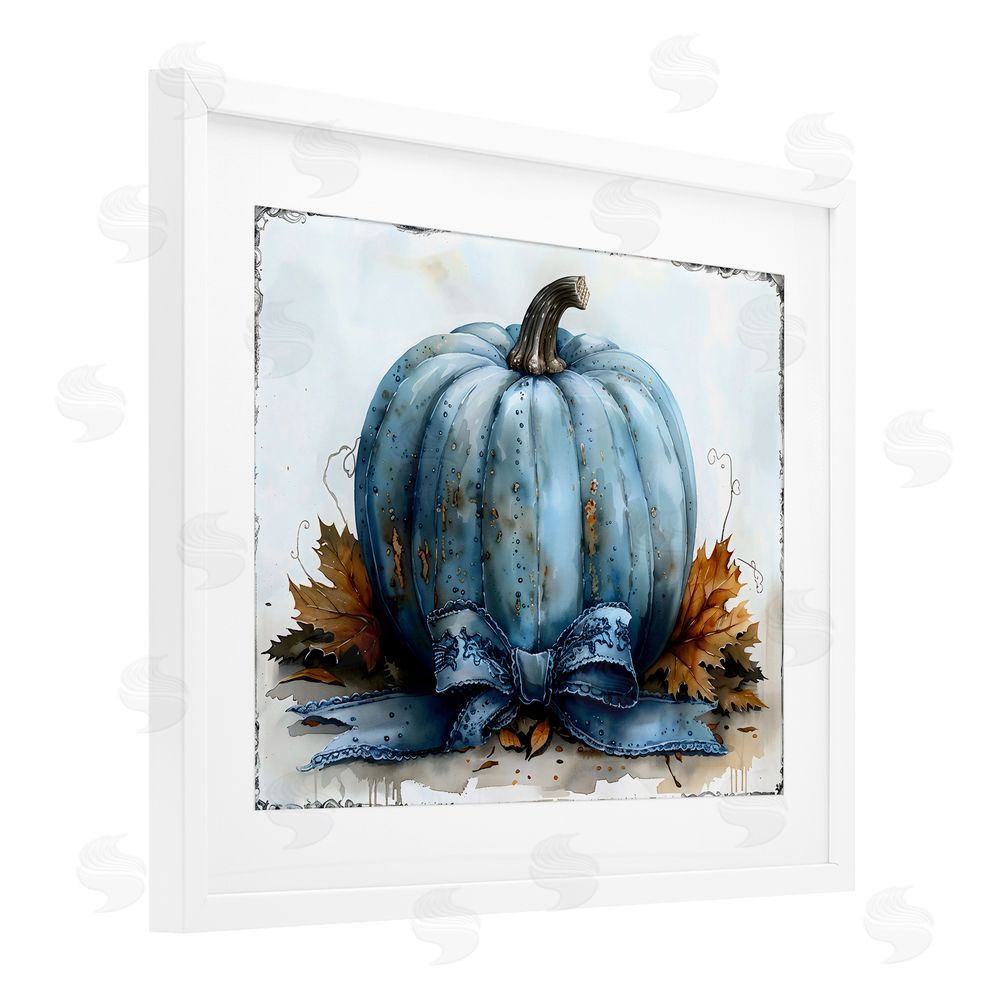 Creative Studio Blue Pumpkin With Bow White Framed Print Under Glass with Mat Wall Art