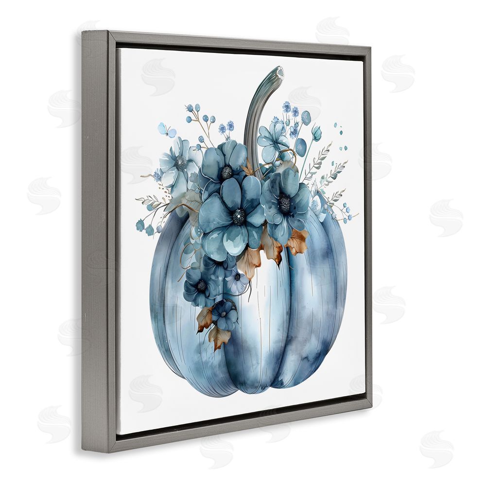 Creative Studio Blue Pumpkin With Flowers Gray Floating Frame Canvas Wall Art Print
