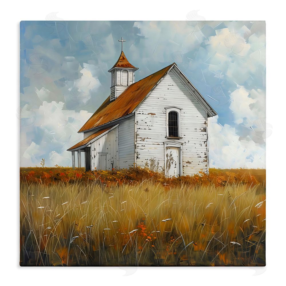 Creative Studio Rustic Church in Field Stretched Canvas Wall Art