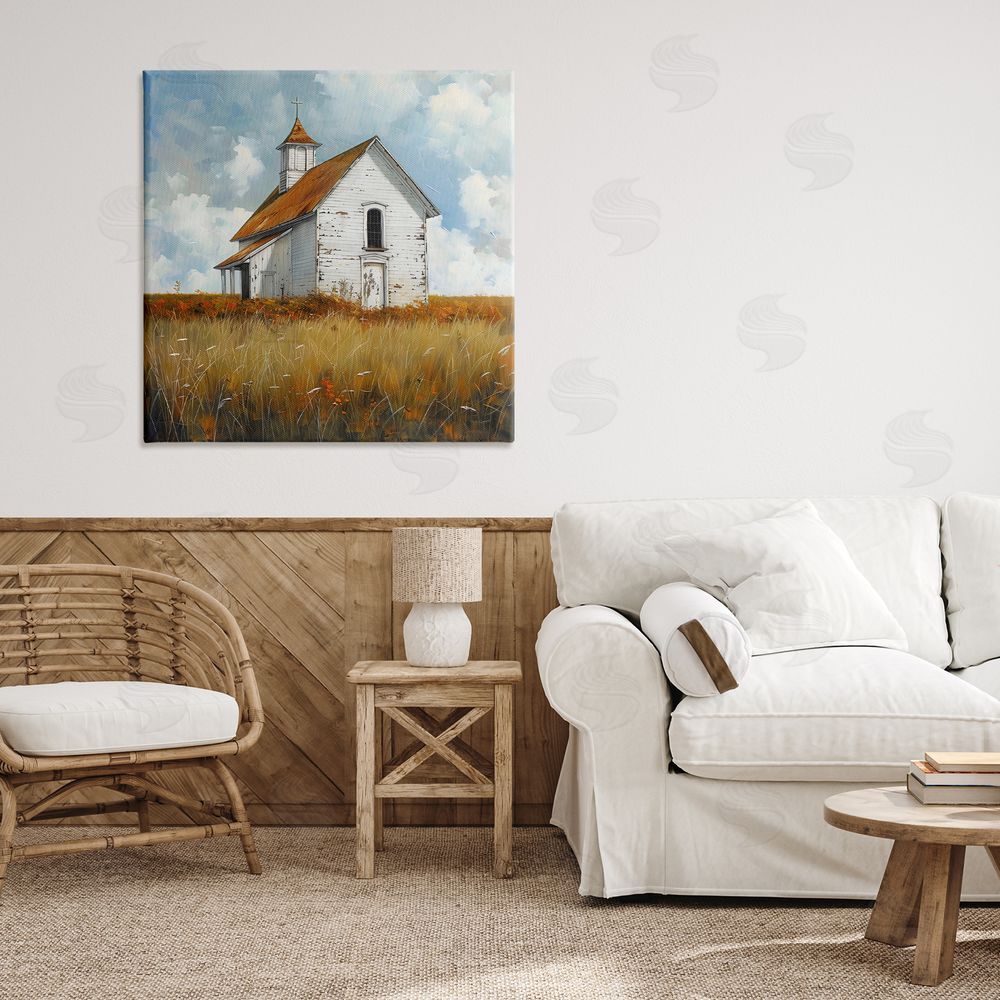 Creative Studio Rustic Church in Field Stretched Canvas Wall Art in Room