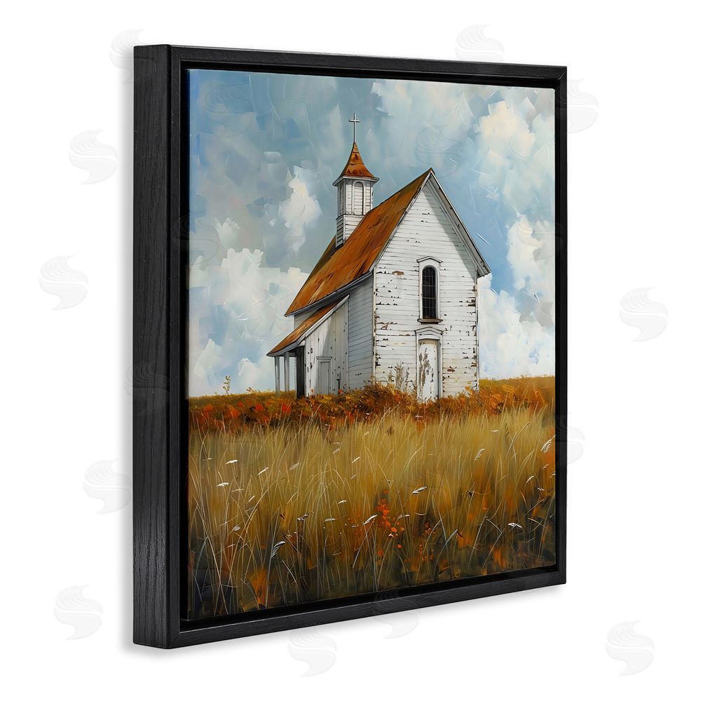 Creative Studio Rustic Church in Field Black Floating Framed Canvas Wall Art