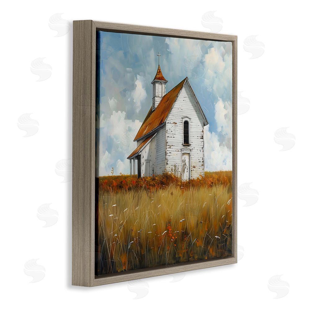 Creative Studio Rustic Church in Field Brown Floating Framed Canvas Wall Art