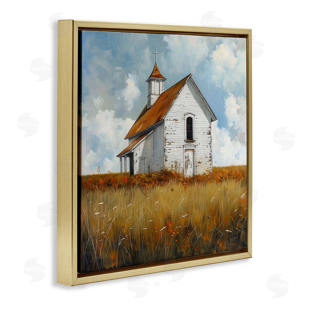 Creative Studio Rustic Church in Field Gold Floating Framed Canvas Wall Art