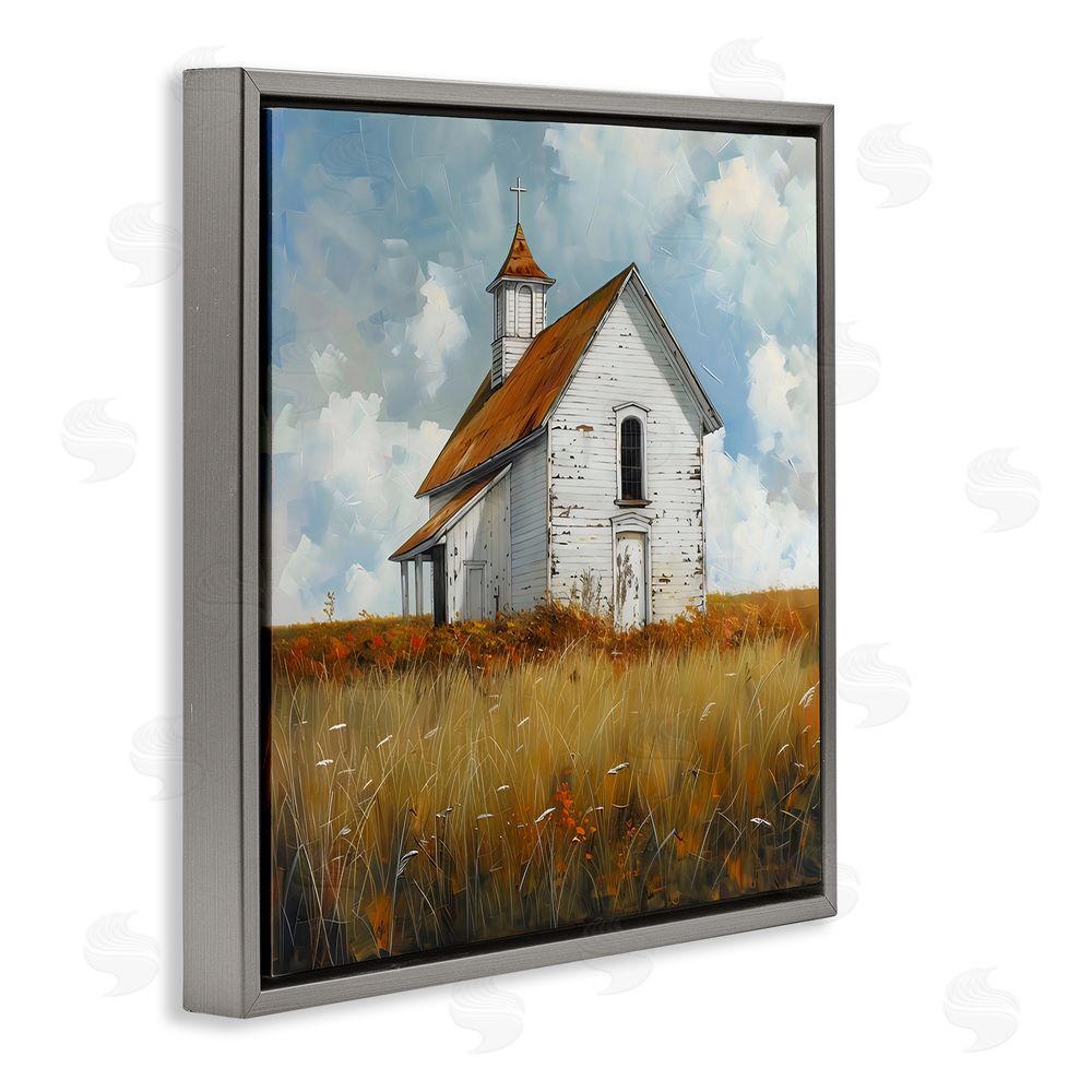 Creative Studio Rustic Church in Field Gray Floating Framed Canvas Wall Art