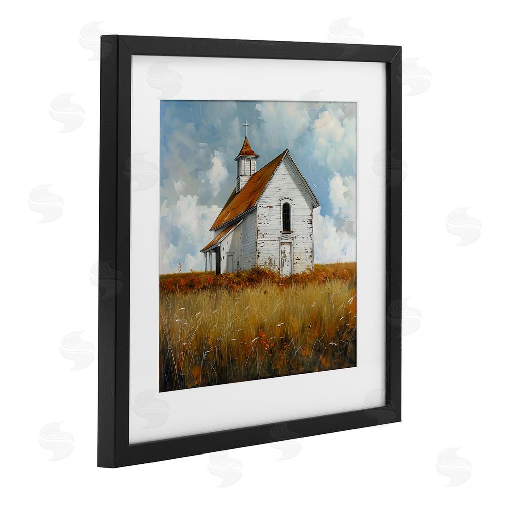 Creative Studio Rustic Church in Field Black Framed Print Under Glass Wall Art