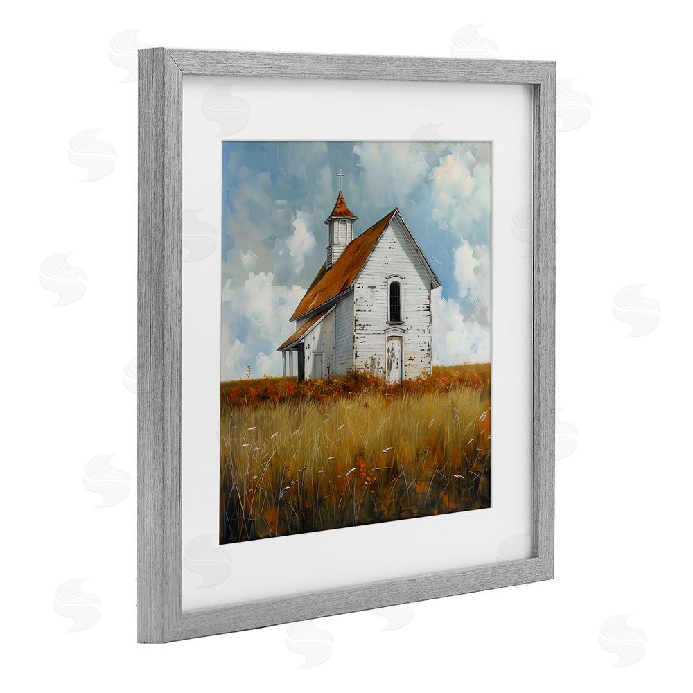 Creative Studio Rustic Church in Field Gray Framed Print Under Glass Wall Art