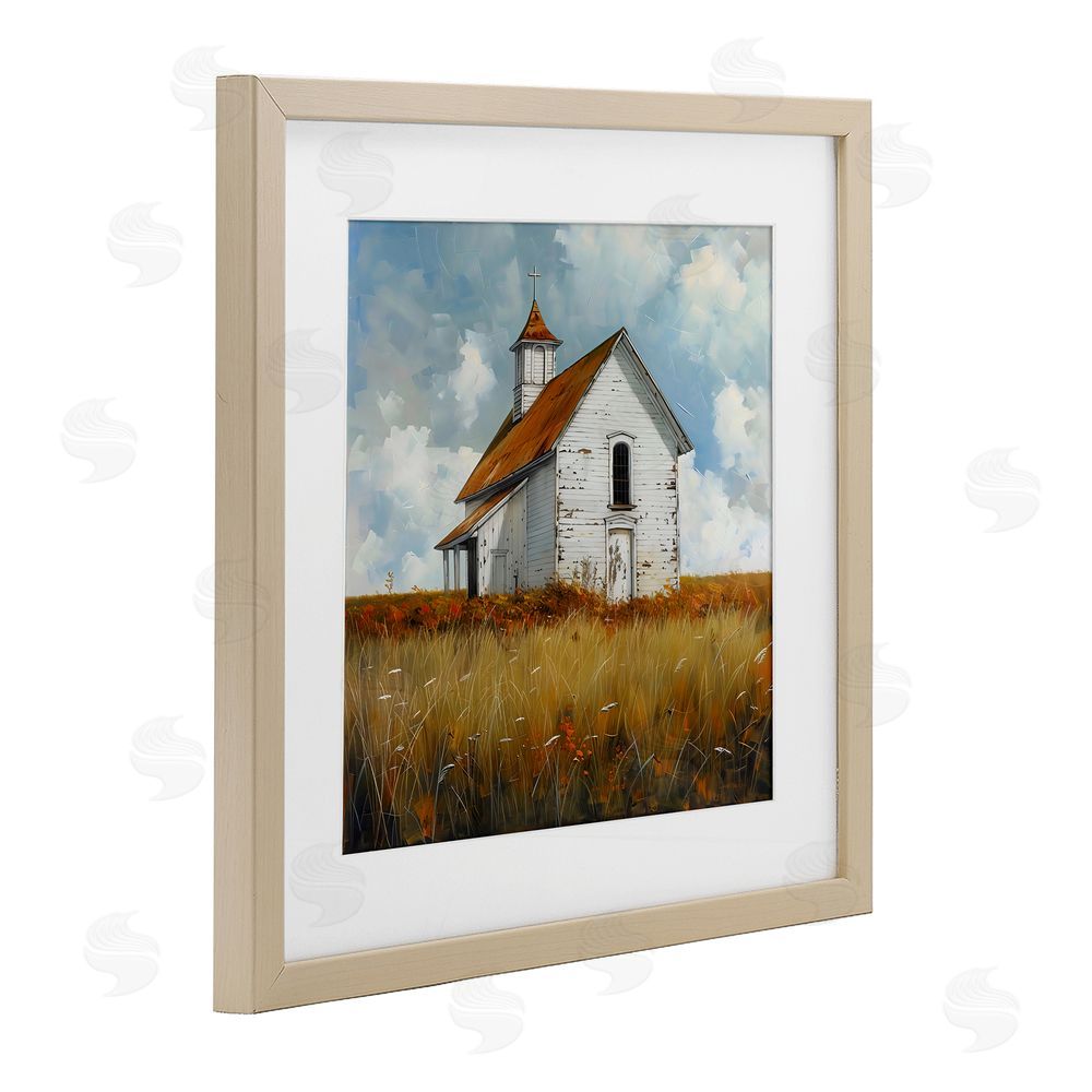 Creative Studio Rustic Church in Field Brown Framed Print Under Glass Wall Art