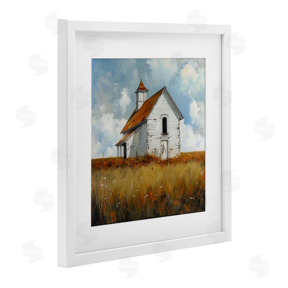 Creative Studio Rustic Church in Field White Framed Print Under Glass Wall Art
