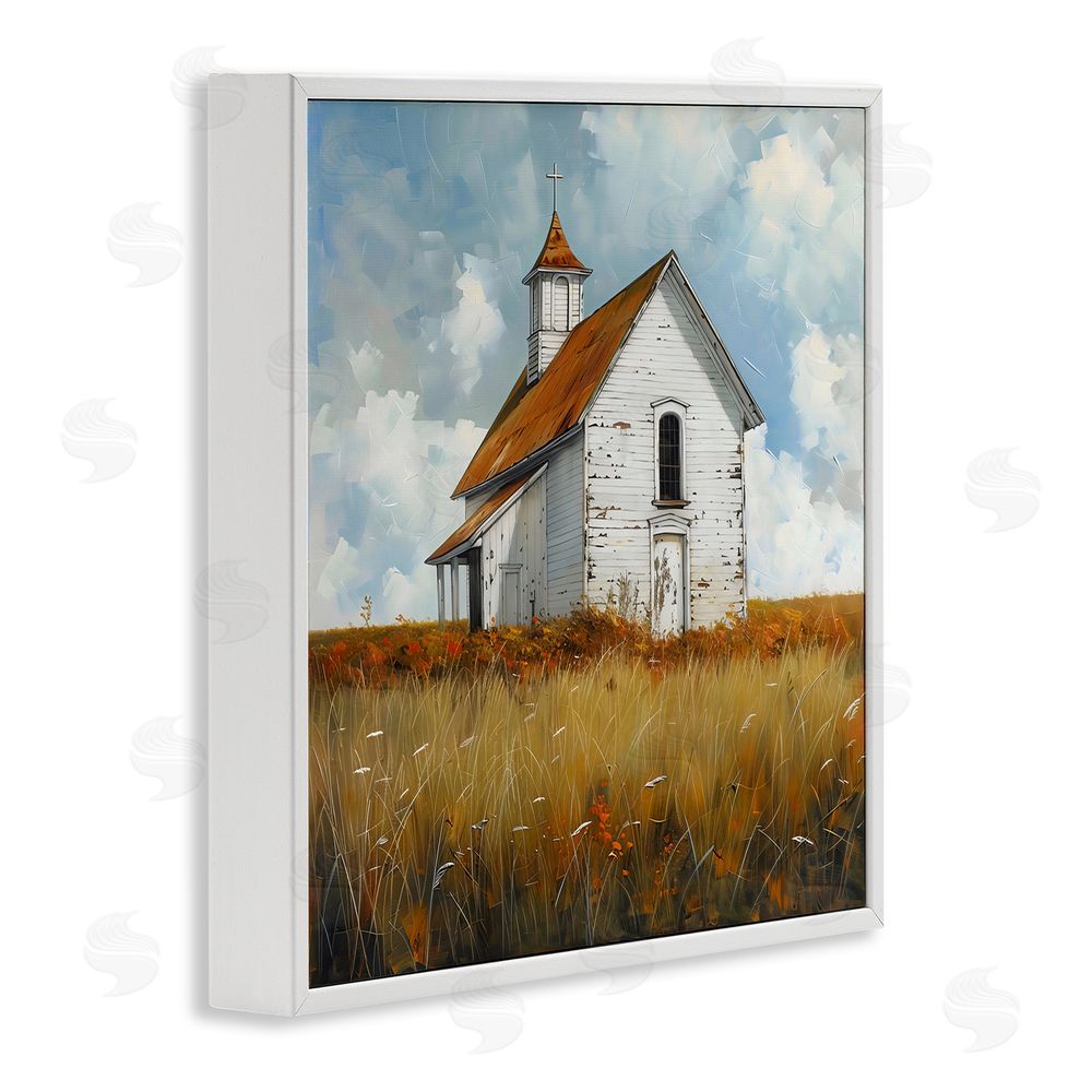 Creative Studio Rustic Church in Field White Framed Giclee Wall Art