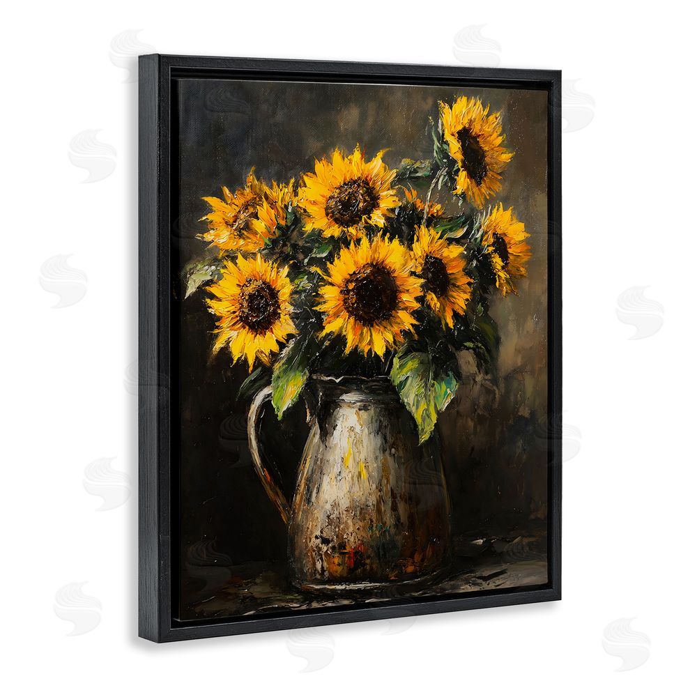 Franklyn Gregory Rustic Sunflower Jug Black Floating Frame Canvas Wall Art Print