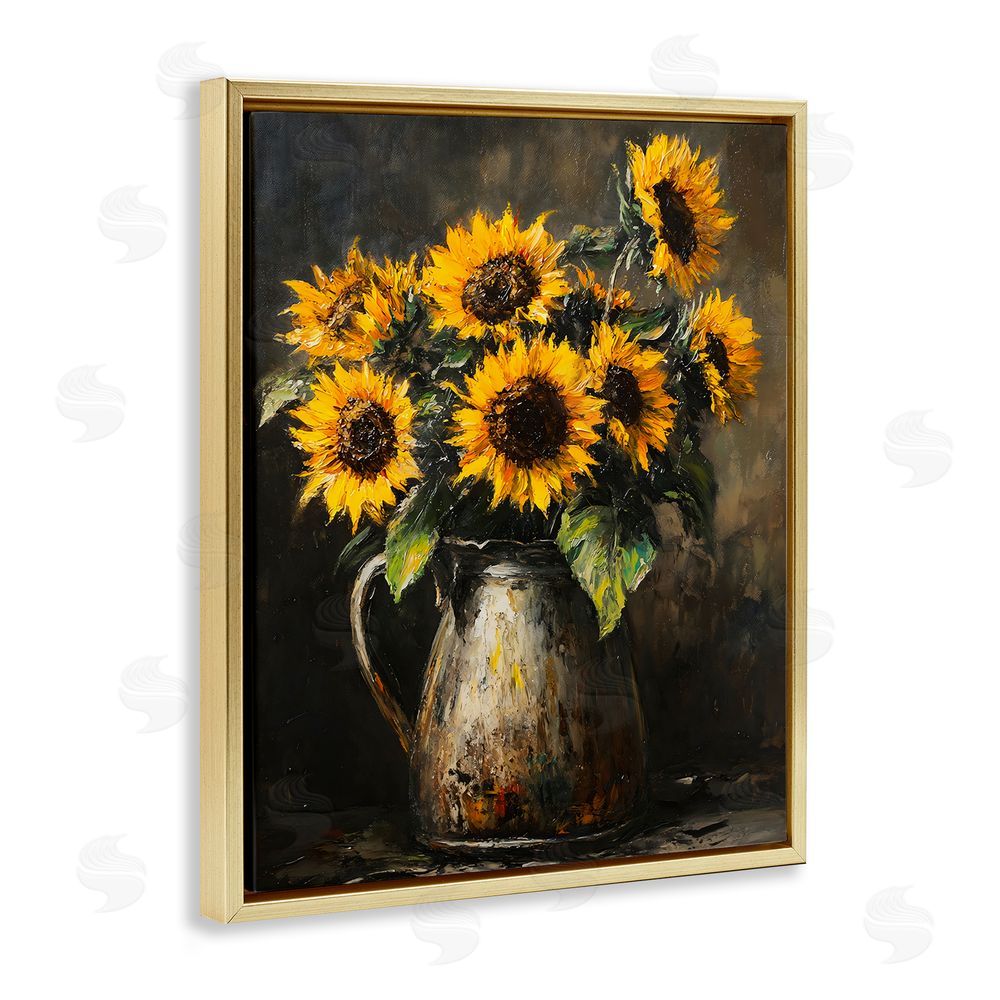 Franklyn Gregory Rustic Sunflower Jug Gold Floating Frame Canvas Wall Art Print