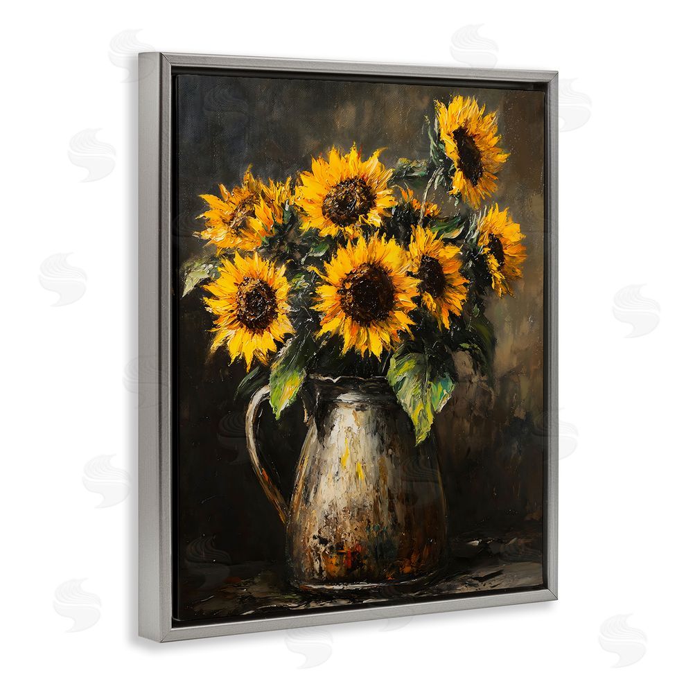 Franklyn Gregory Rustic Sunflower Jug Gray Floating Frame Canvas Wall Art Print