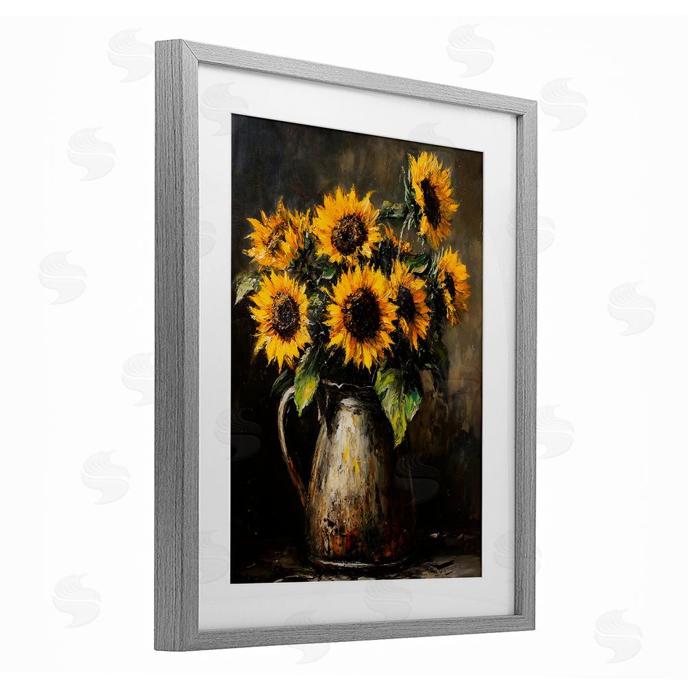 Franklyn Gregory Rustic Sunflower Jug Gray Framed Print Under Glass with White Mat Wall Art