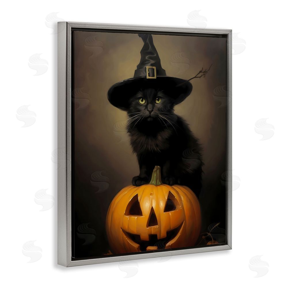 LSR Design Studio Black Cat on Pumpkin Gray Floating Frame Canvas Wall Art Print