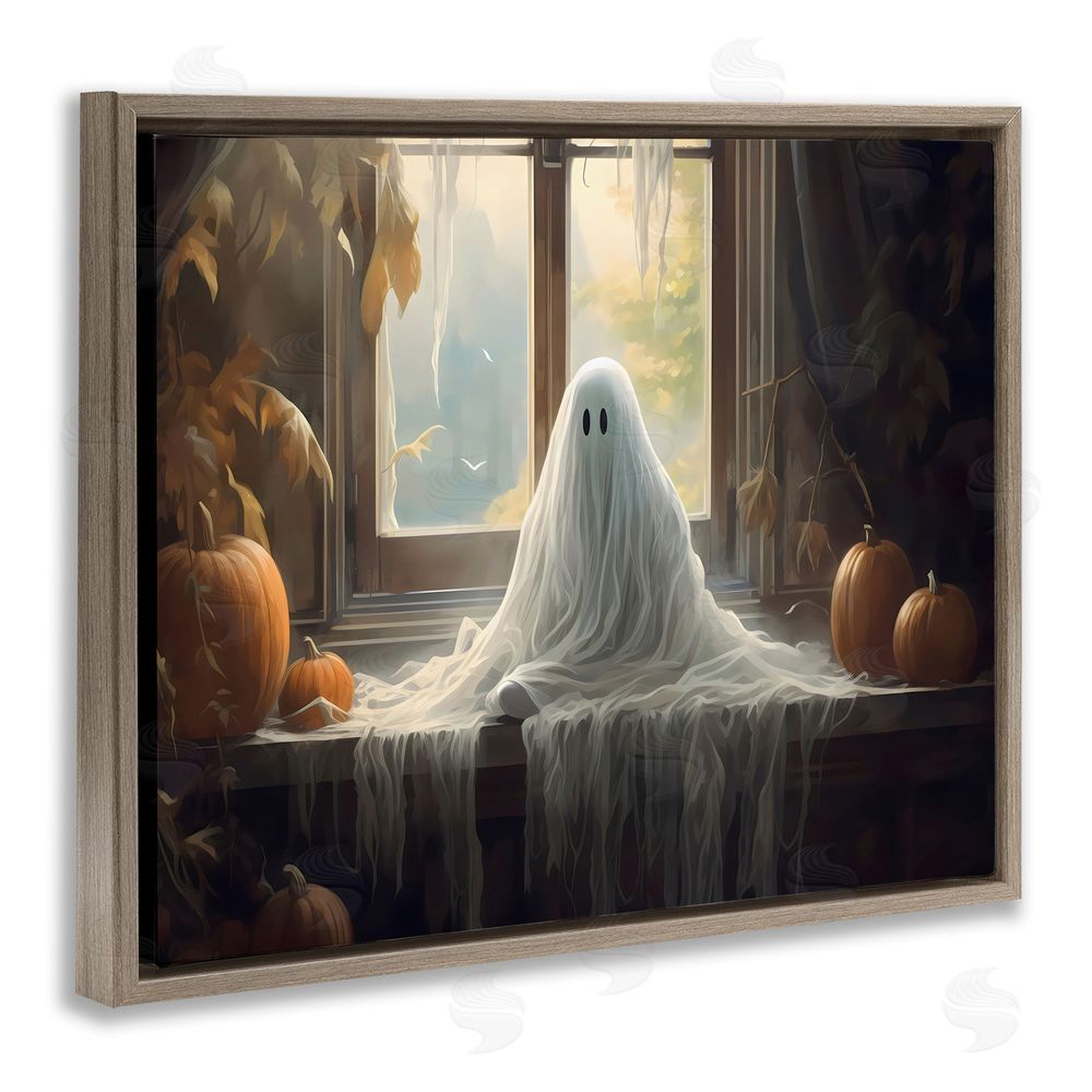 LSR Design Studio Ghost Sitting In Window Brown Floating Frame Canvas Wall Art Print