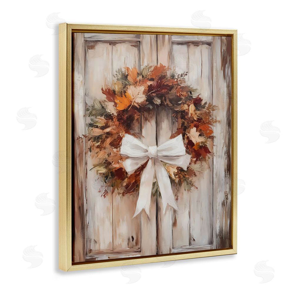 LSR Design Studio Autumnal Wreath with Ribbon Gold Floating Frame Canvas Wall Art Print