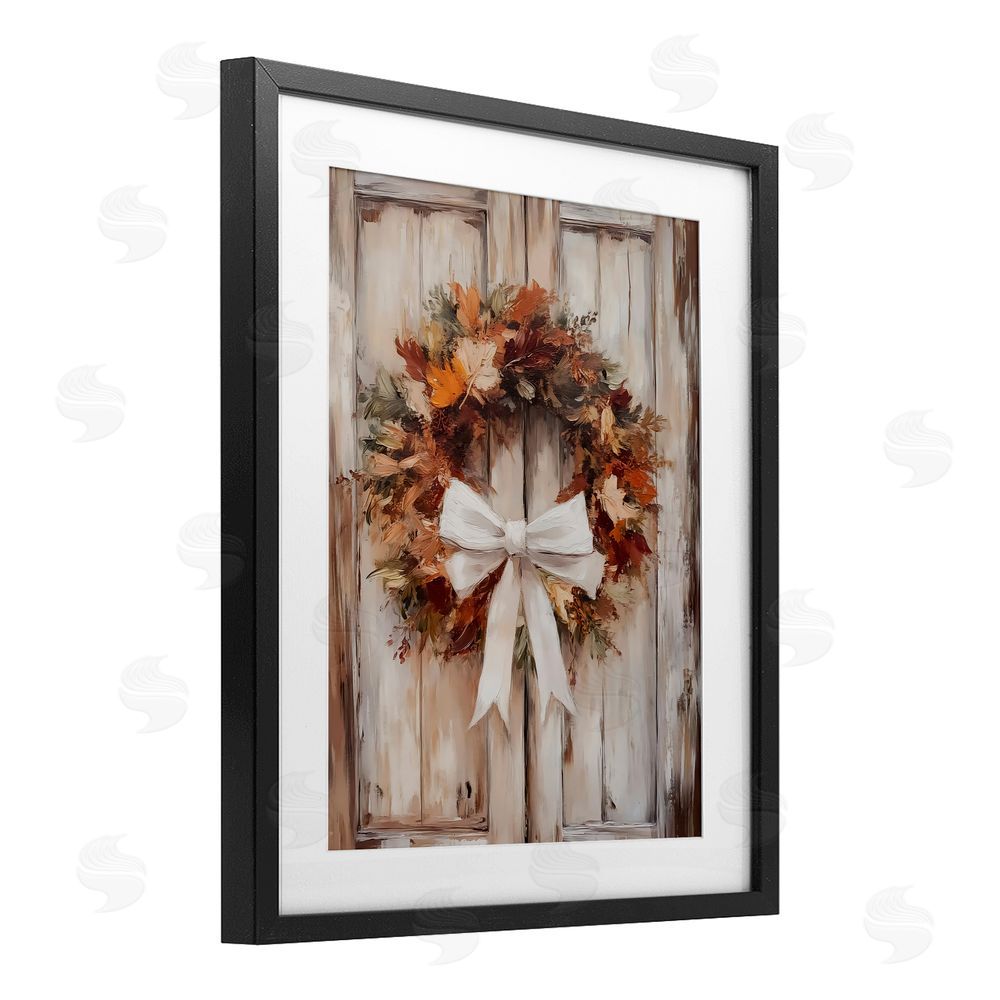 LSR Design Studio Autumnal Wreath with Ribbon Black Framed Print Under Glass with White Mat Wall Art