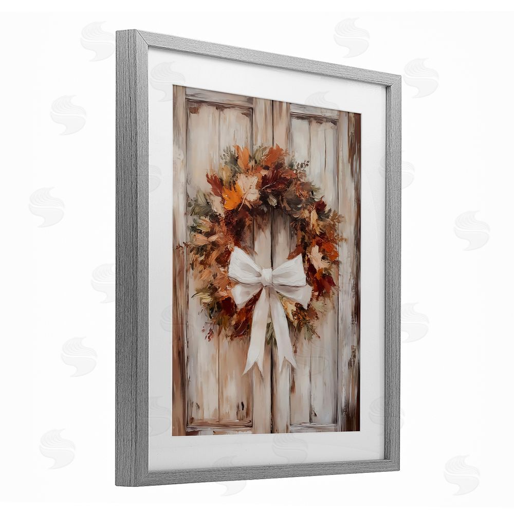 LSR Design Studio Autumnal Wreath with Ribbon Gray Framed Print Under Glass with White Mat Wall Art