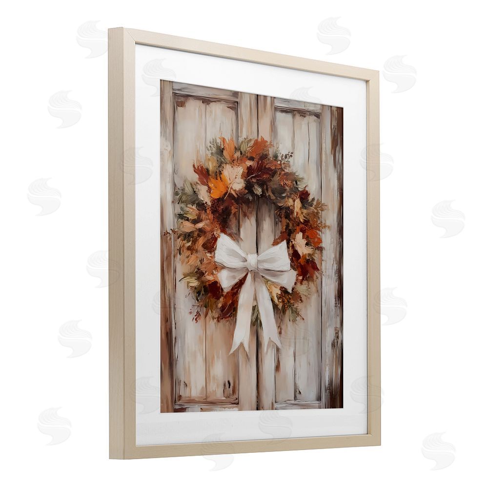 LSR Design Studio Autumnal Wreath with Ribbon Birch Framed Print Under Glass with White Mat Wall Art