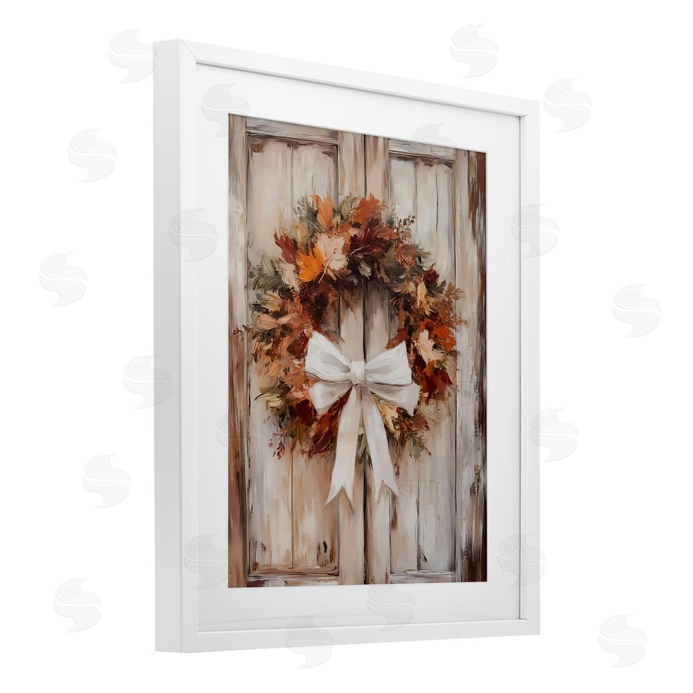 LSR Design Studio Autumnal Wreath with Ribbon White Framed Print Under Glass with Mat Wall Art