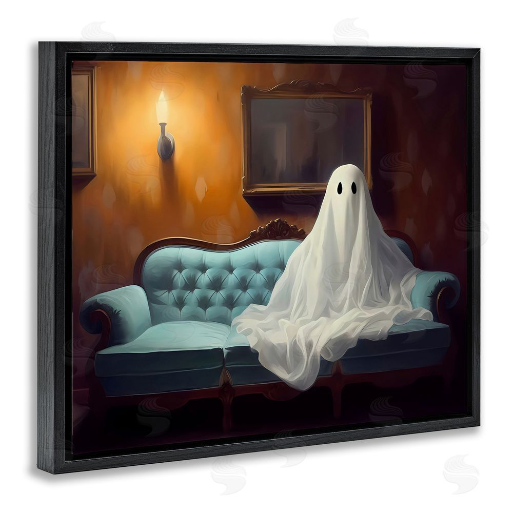 LSR Design Studio Ghost on Spooky Blue Couch Black Floating Frame Canvas Wall Art Print