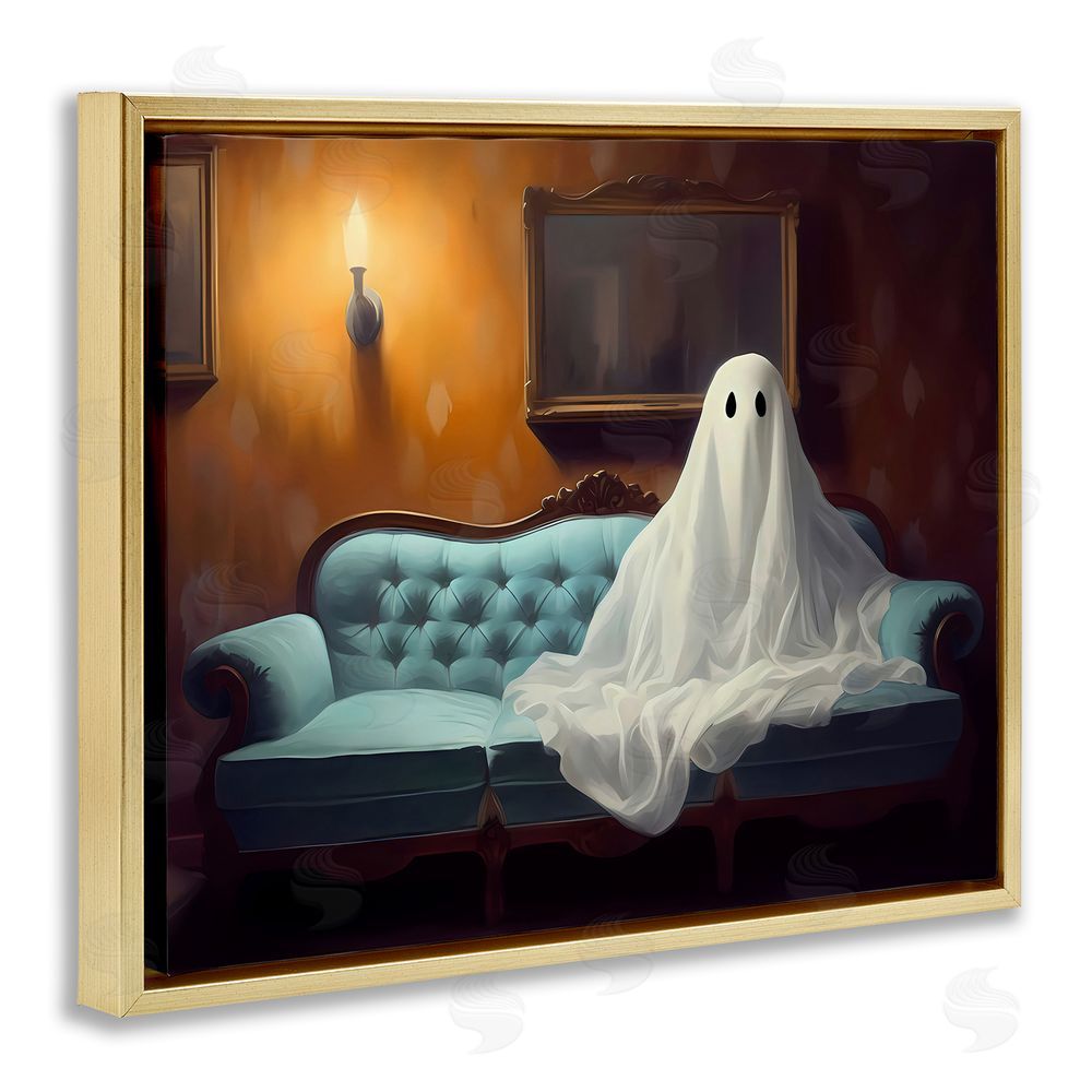 LSR Design Studio Ghost on Spooky Blue Couch Gold Floating Frame Canvas Wall Art Print