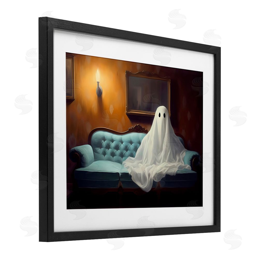 LSR Design Studio Ghost on Spooky Blue Couch Black Framed Print Under Glass with White Mat Wall Art