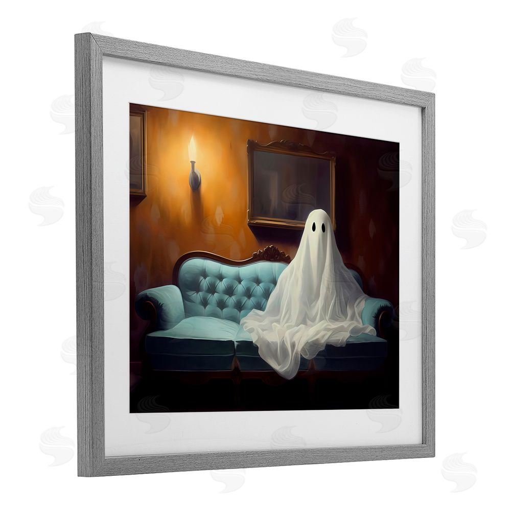 LSR Design Studio Ghost on Spooky Blue Couch Gray Framed Print Under Glass with White Mat Wall Art