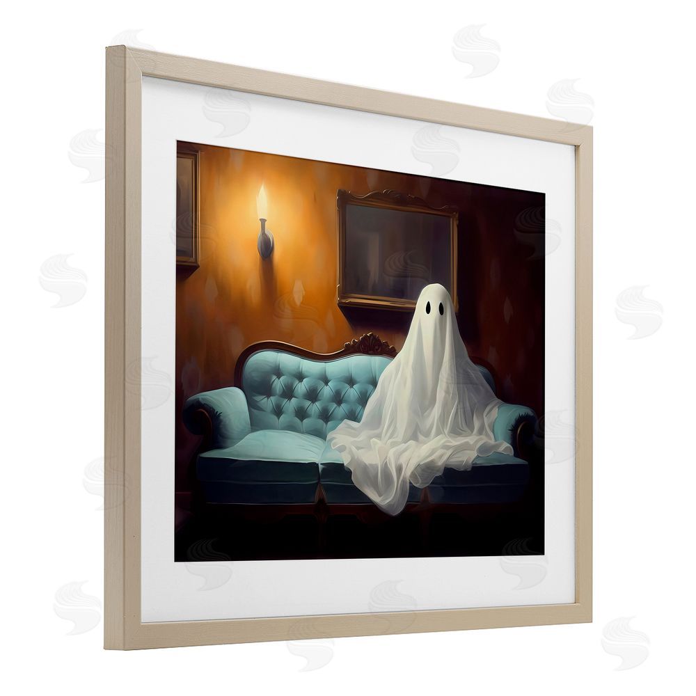 LSR Design Studio Ghost on Spooky Blue Couch Birch Framed Print Under Glass with White Mat Wall Art