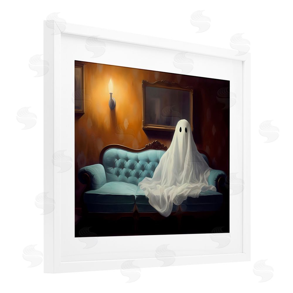 LSR Design Studio Ghost on Spooky Blue Couch White Framed Print Under Glass with Mat Wall Art