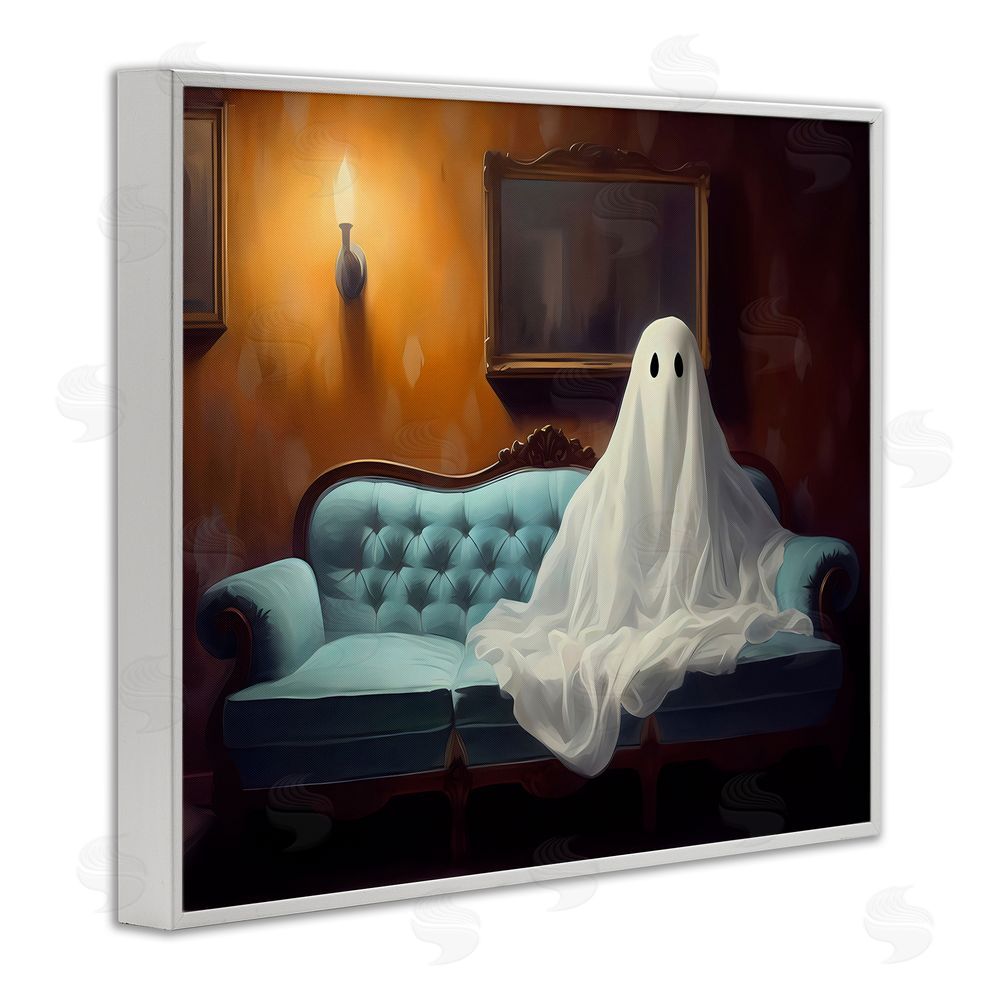 LSR Design Studio Ghost on Spooky Blue Couch White Framed Giclee Wall Art Print