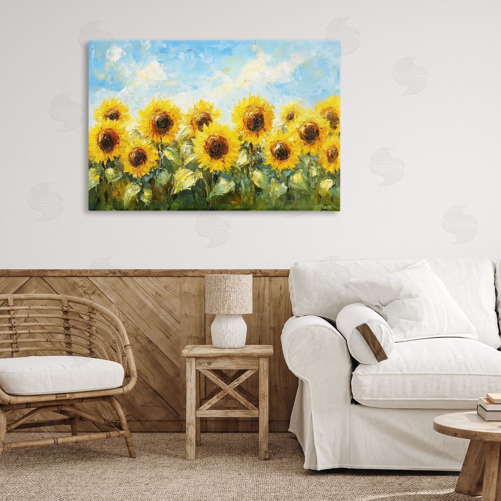 Petal Prints Design Impressionist Sunflowers Horizon Stretched Canvas Wall Art in Room
