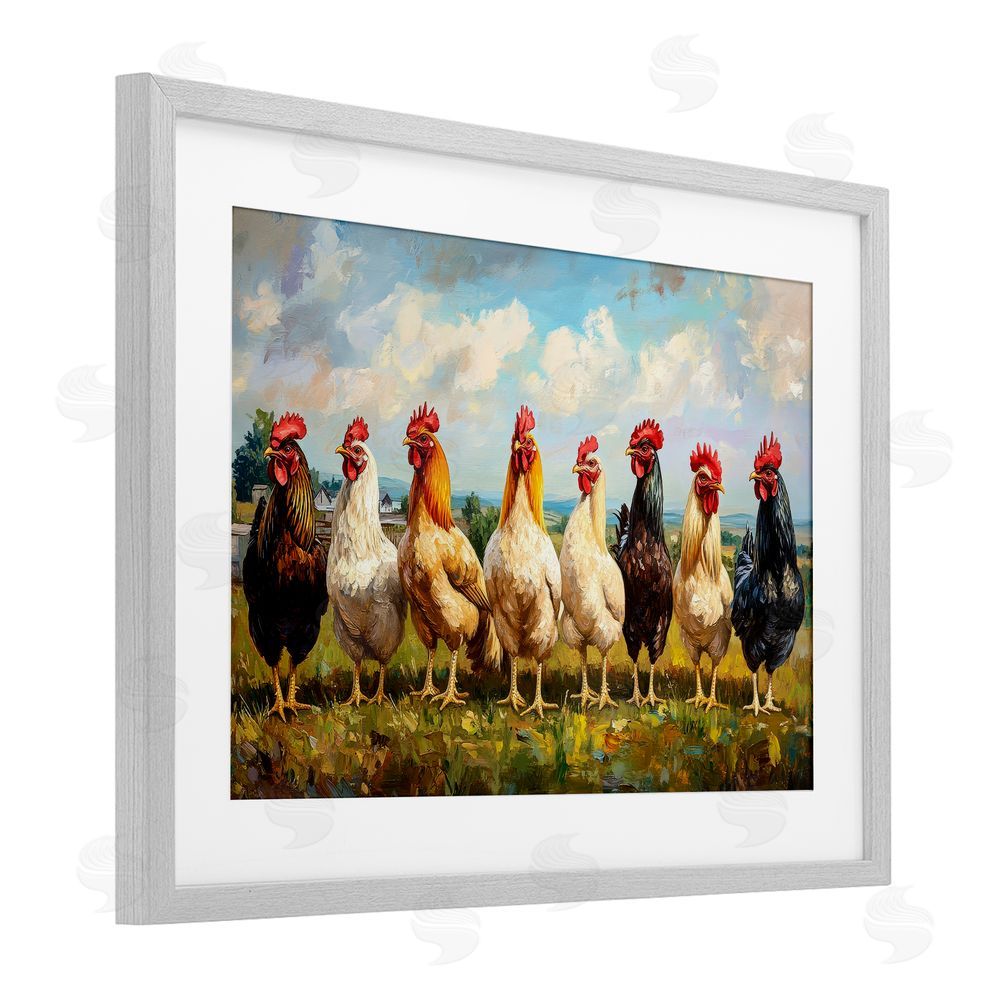 Petal Prints Design Chicken Brood on Horizon Gray Framed Print Under Glass Wall Art
