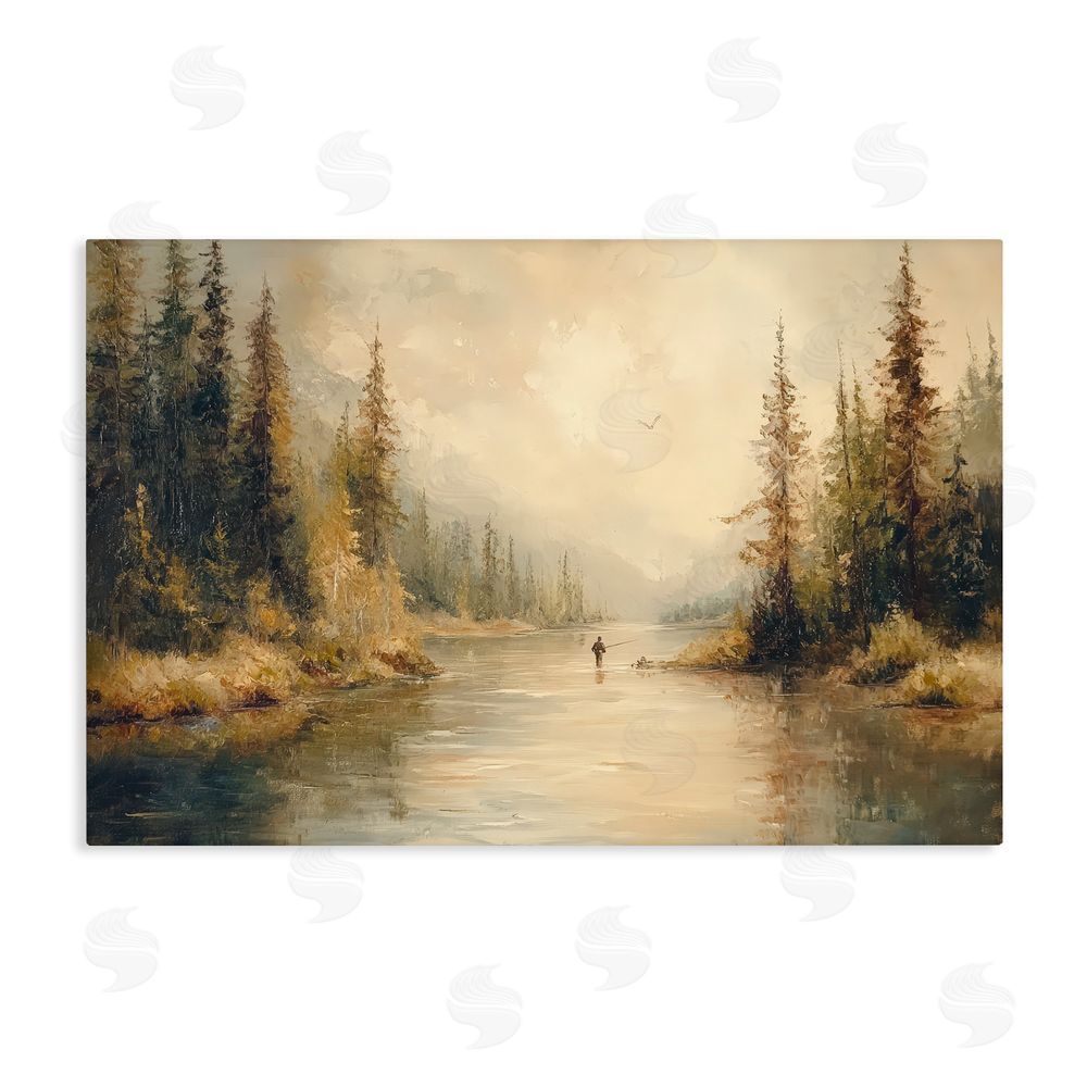 Petal Prints Design Fly Fisher at Misty River Stretched Canvas Wall Art