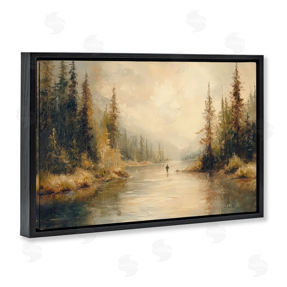 Petal Prints Design Fly Fisher at Misty River Black Floating Framed Canvas Wall Art