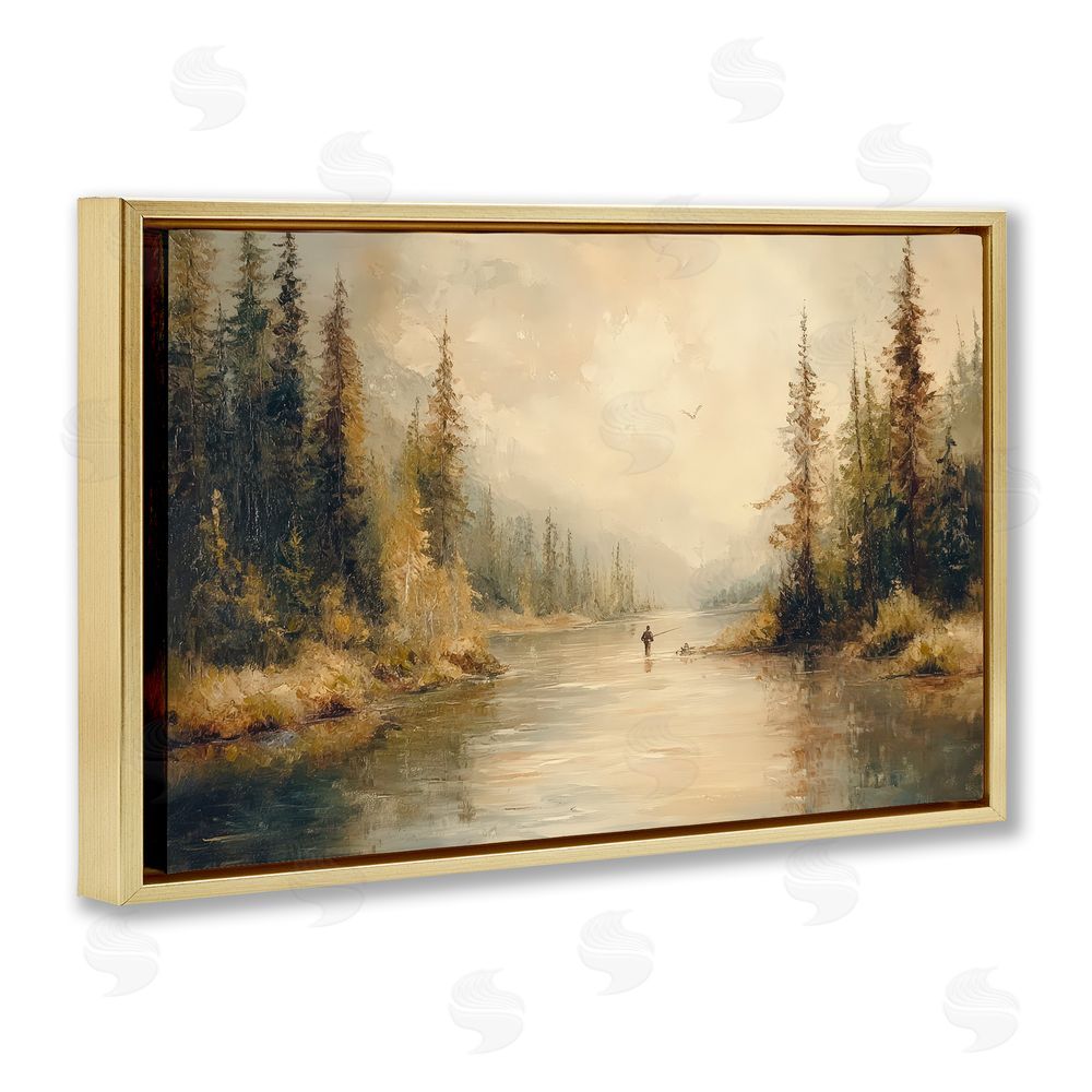 Petal Prints Design Fly Fisher at Misty River Gold Floating Framed Canvas Wall Art