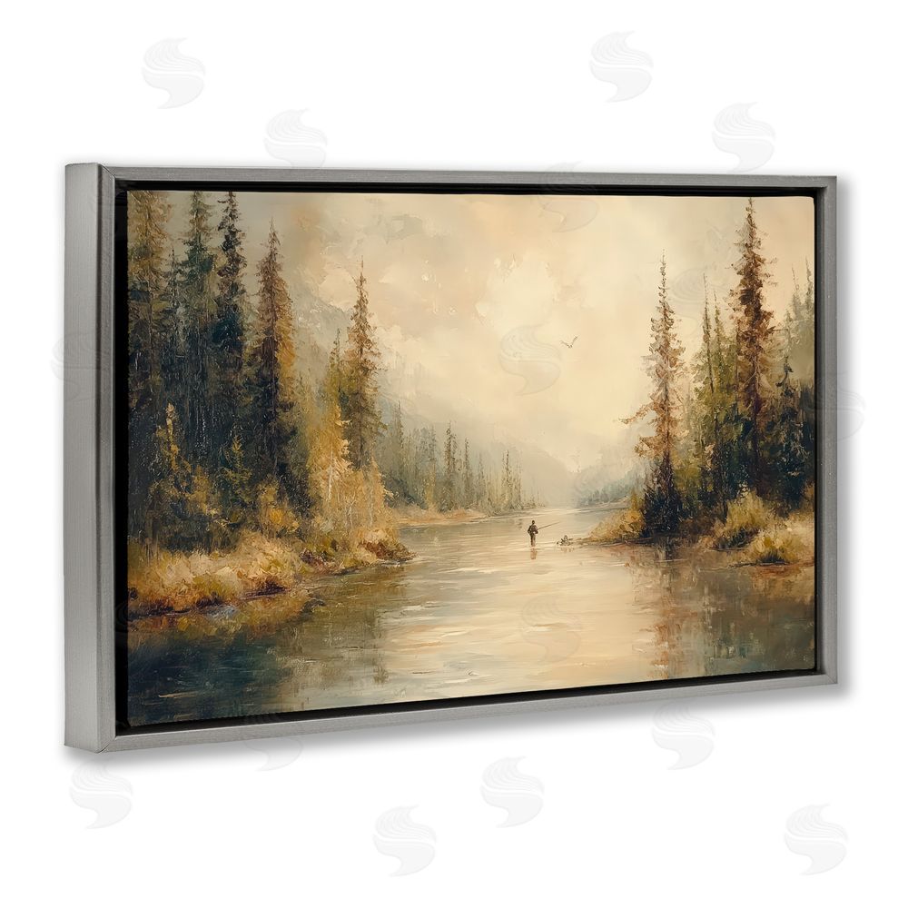 Petal Prints Design Fly Fisher at Misty River Gray Floating Framed Canvas Wall Art