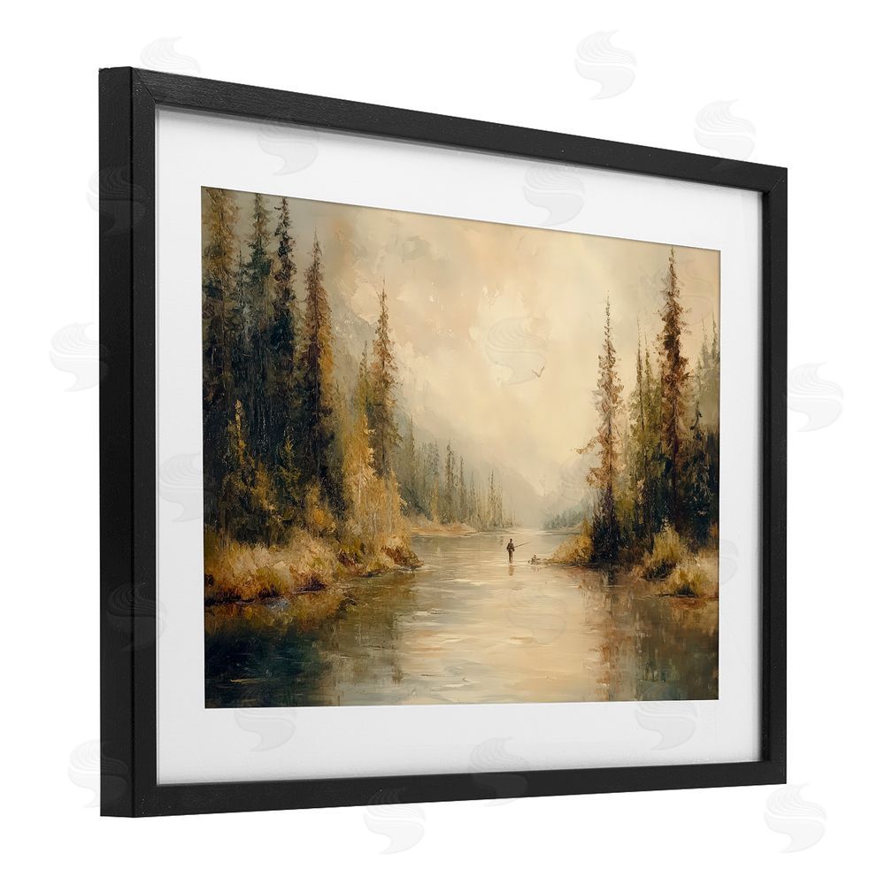 Petal Prints Design Fly Fisher at Misty River Black Framed Print Under Glass Wall Art