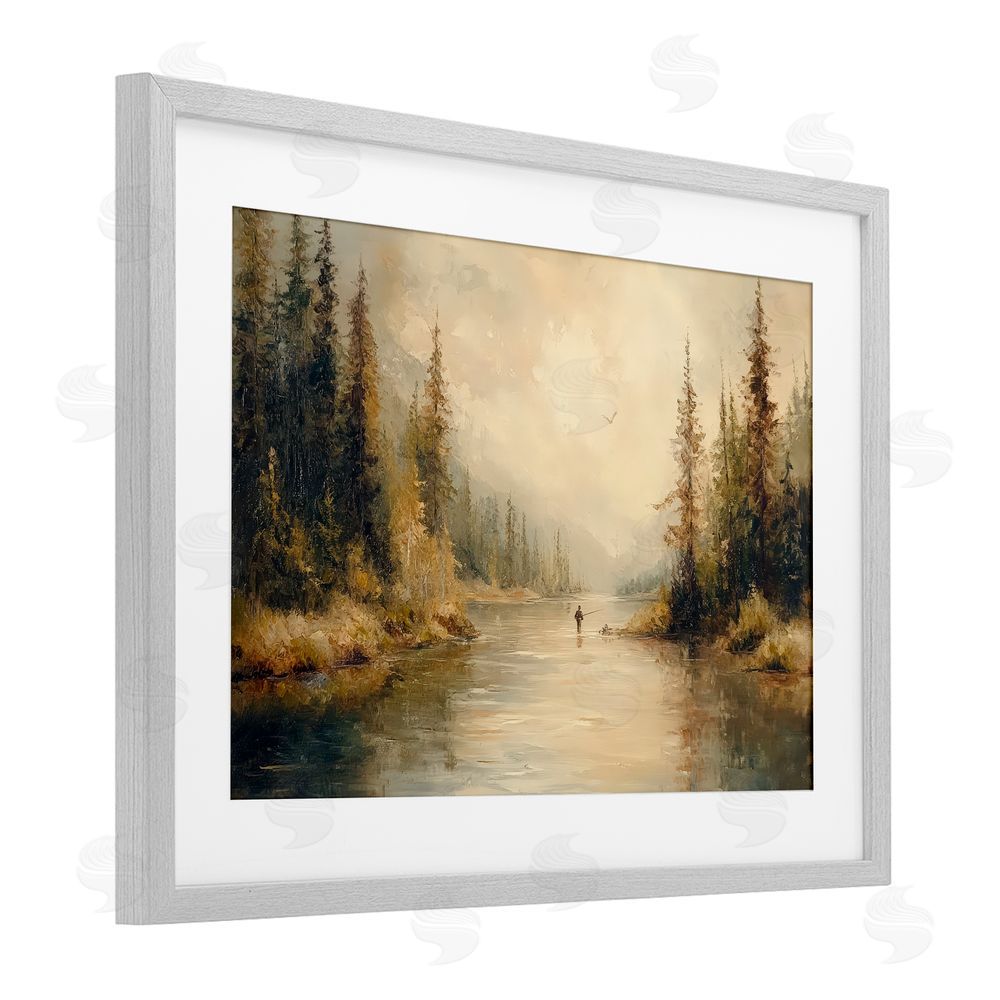 Petal Prints Design Fly Fisher at Misty River Gray Framed Print Under Glass Wall Art