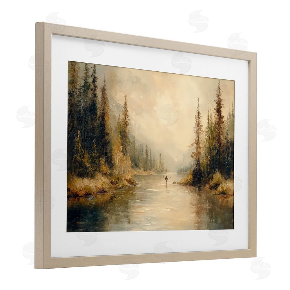 Petal Prints Design Fly Fisher at Misty River Brown Framed Print Under Glass Wall Art