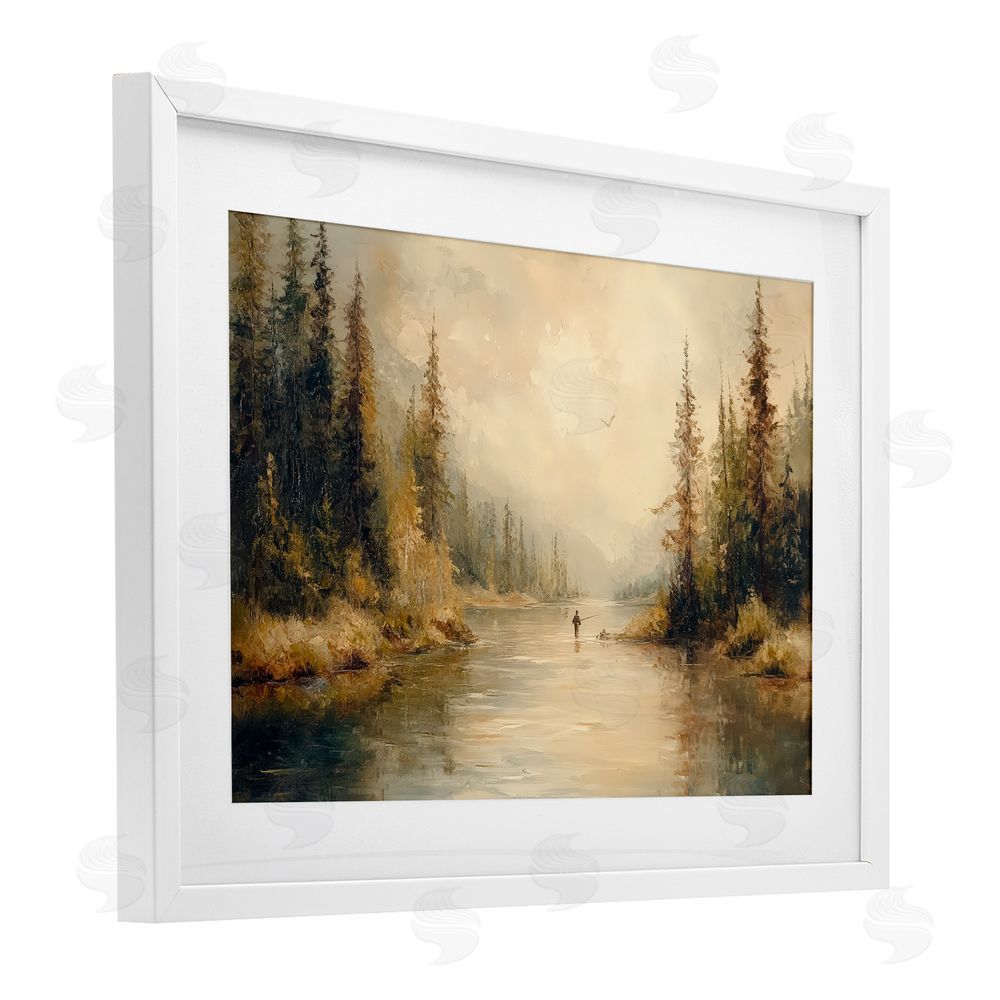 Petal Prints Design Fly Fisher at Misty River White Framed Print Under Glass Wall Art